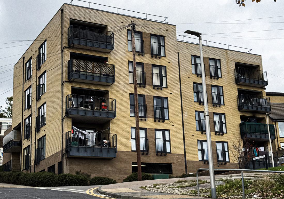 A modern brick apartment building